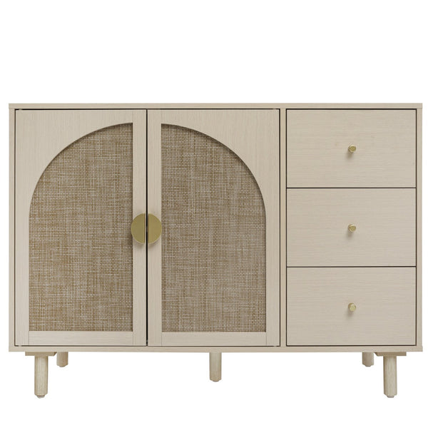 English Elm 2 Door 3 Drawer Cabinet with Engineered Rattan Finish, Pine Feet, Metal Semi-Circle Handles, Durable Natural W688134397