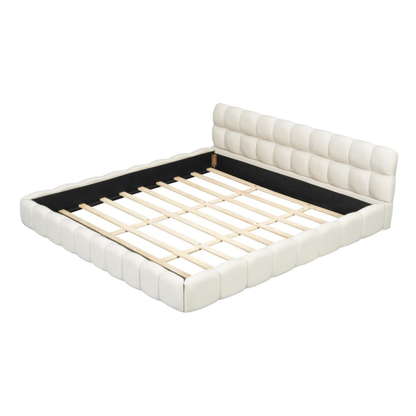 English Elm King Channel Stitched Linen Platform Bed Low Profile Contemporary Upholstered Frame Beige N737P387605A
