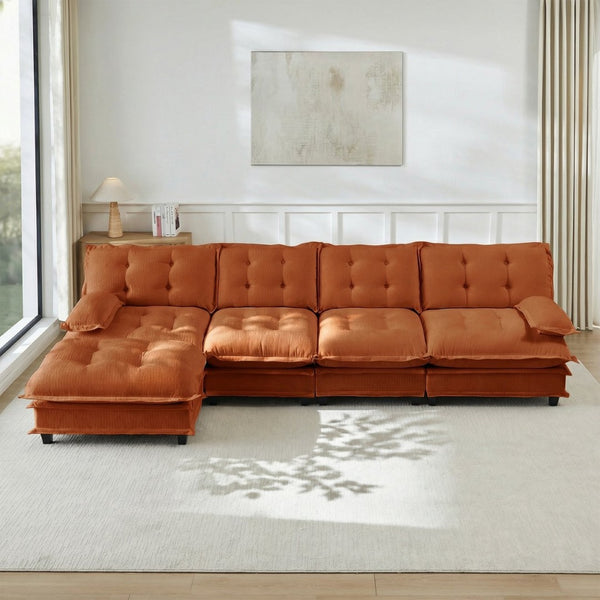 English Elm 138" Chenille Modular Cloud Sectional with Ottoman Deep Seat Lounge Sofa for Apartments Orange W714S01741