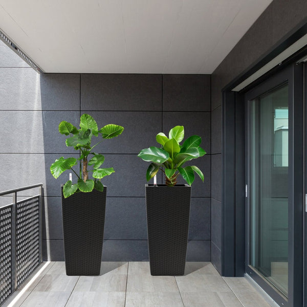 English Elm Pack of 2 Tall Square Faux Rattan Outdoor Planters with Auto Watering Patio Porch Set Black W3213P311468