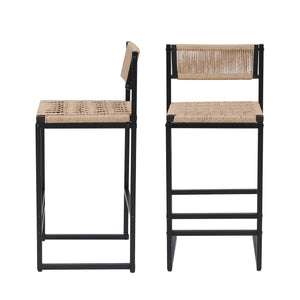 English Elm Kitchen Bar Stools Set of 2 Paper Rope Woven Seats with Metal Frame, Double Footrest & Anti-Slip Pads W1757P254841