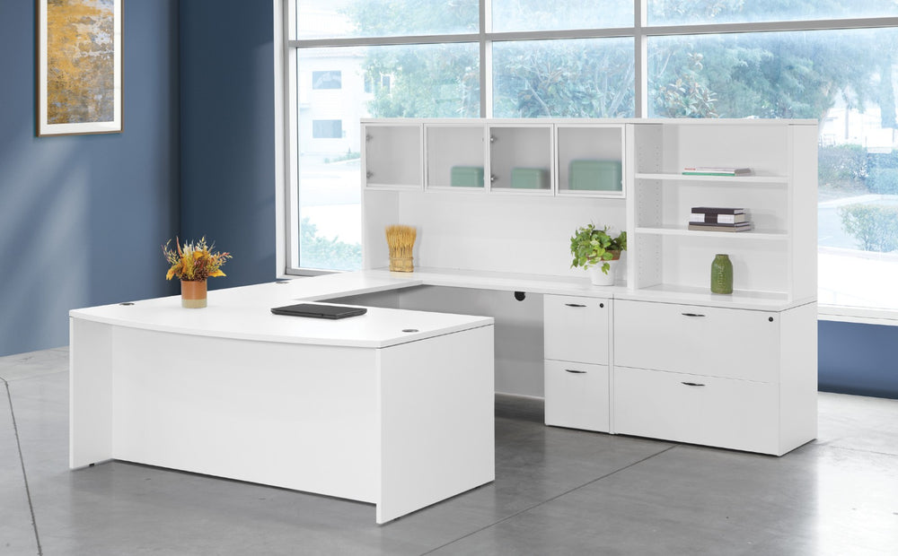 OSP Home Furnishings Napa U Shape Executive Workstation with Hutch Glass Doors and Locking File Storage NAPWHT-TYP13G