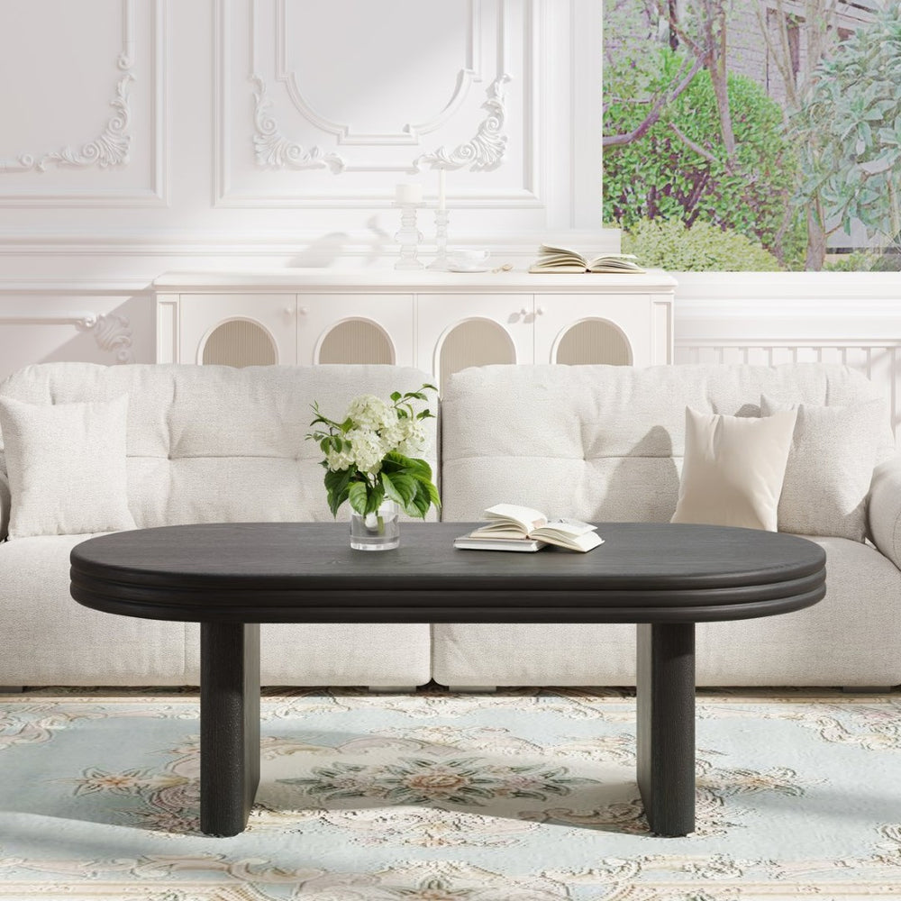 English Elm Mid Century Modern Oval Fluted Coffee Table with Wood Veneer for Living Room Black W757P370255