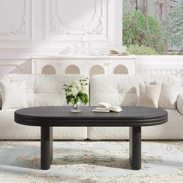 English Elm Mid Century Modern Oval Fluted Coffee Table with Wood Veneer for Living Room Black W757P370255
