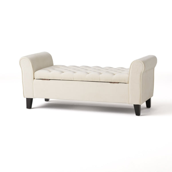 English Elm Lvory Linen Tufted Storage Bench with Rolled Arms and Hidden Lift Top Compartment N770P372389A
