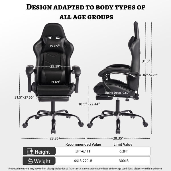 English Elm Deepfurniture Racing Style Gaming Chair Pu Leather Massage Lumbar Footrest Home Office Black W3860P428636
