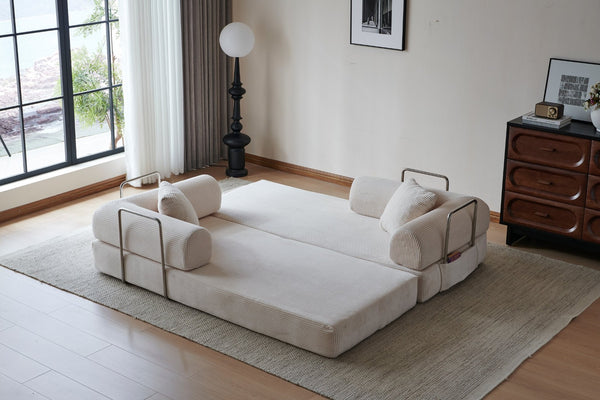 English Elm 78.8" Corduroy Modular Floor Sofa Convertible Sleeper Futon with Pillow Back Support Off White W5617P456003