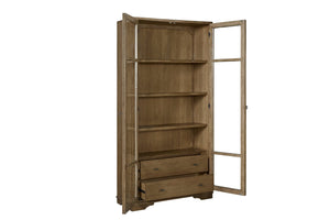 English Elm Tall Display Cabinet with Glass Doors and Drawers, Cashew Hickory Veneer for Elegant Storage & Décor Almond 43.5 L x 20 W x 85 H B2699P383822