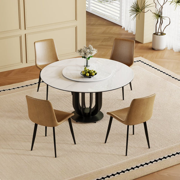 English Elm 59" Round Sintered Stone Dining Table With Lazy Susan & Steel Base - Modern, Durable & Versatile Design W2699S00037