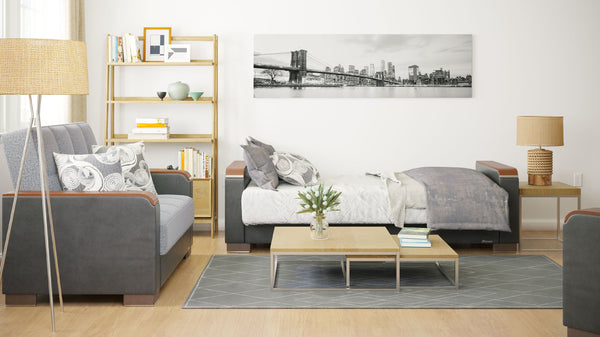 English Elm PrimeNest ZenAero Upholstered Wood Trim Convertible Sofabed with Storage, Click-Click Sleeper Comfort Grey+Black B030P286533