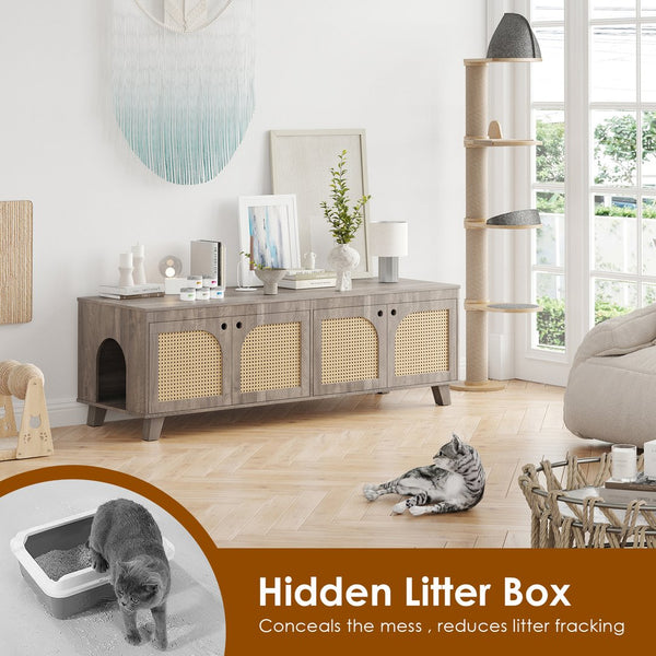 English Elm Double Hidden Cat Litter Box Enclosure with Rattan Doors, Two Spacious Compartments, Odor Control Stand Grey T3623P380885