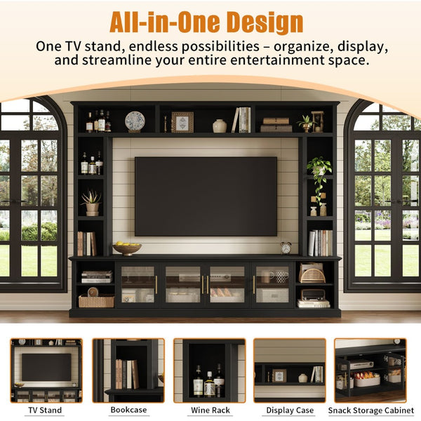 English Elm Entertainment Wall Unit with Glass Doors Open Shelving Mdf Living Room Storage Black N710S688100B