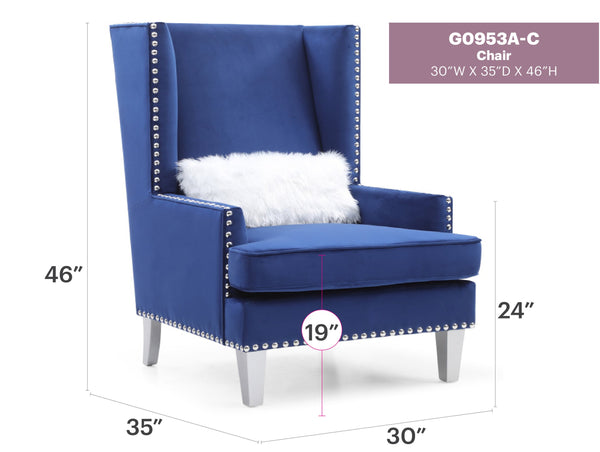 English Elm Elegant Velvet Traditional Chair with Plush Round Arms, 37"H Comfort Seat, No Assembly Required Blue 42 L x 32 W x 36 H B078107957