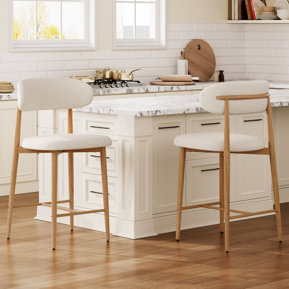 English Elm Counter Height Linen Upholstered Barstools Set of 2 Mid-century Tapered Metal Legs W3916P426287