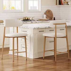 English Elm Counter Height Linen Upholstered Barstools Set of 2 Mid-century Tapered Metal Legs W3916P426287