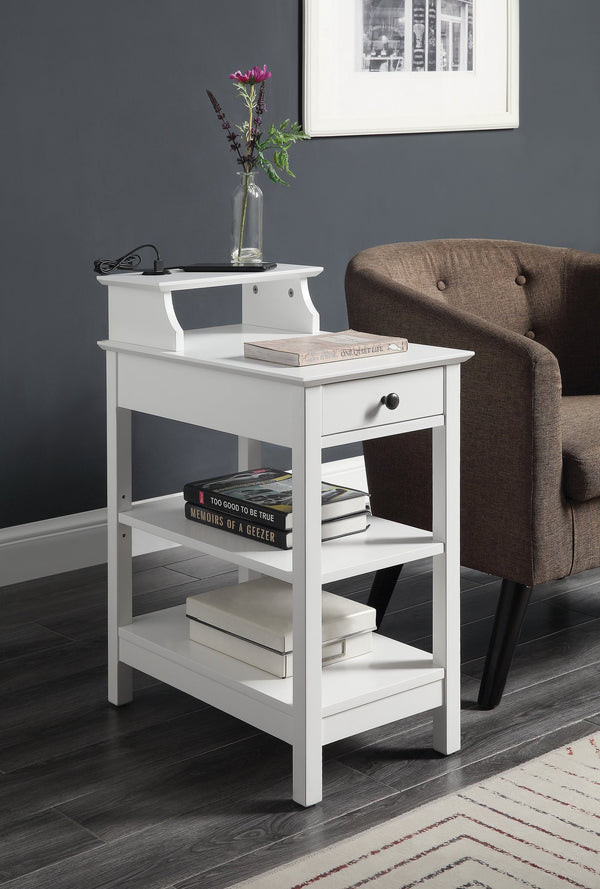 English Elm Slayer White Accent Table with USB Dock, 1 Drawer & 3 Open Shelves, Pine Legs, Modern Storage B2726P287566