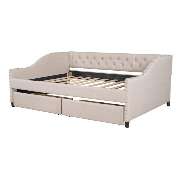 English Elm Upholstered Full Daybed with Linen Tufted Back Rivet Arms and Two Storage Drawers LP002111AAA