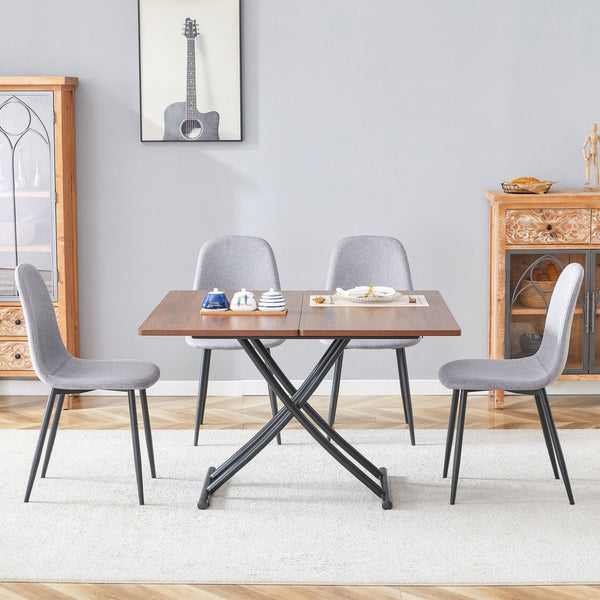 English Elm Table & Chair Set - Modern Multifunctional Lifting Design With Walnut Finish & 4 Gray Linen Chairs W1151S03777-GIGA