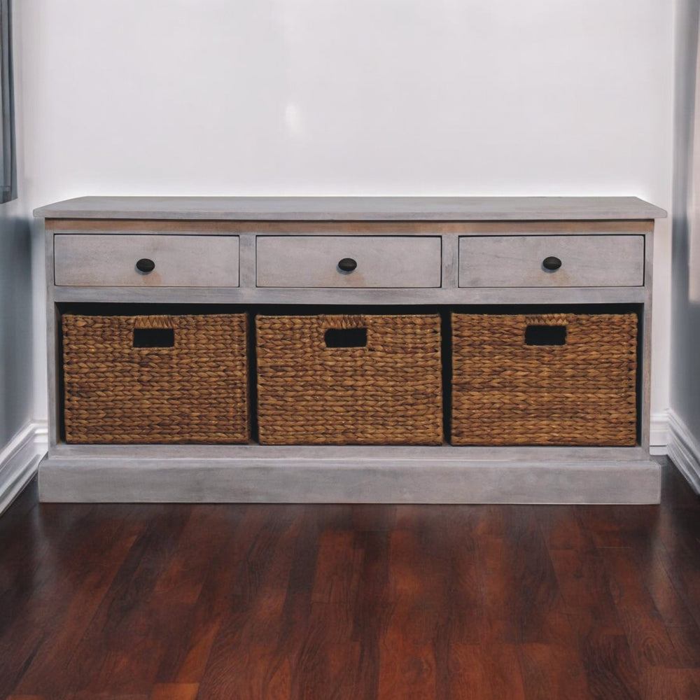 English Elm Acid Wash Mango Wood Storage Cabinet with 3 Drawers & 3 Handwoven Wicker Baskets, 51" L B182P284345