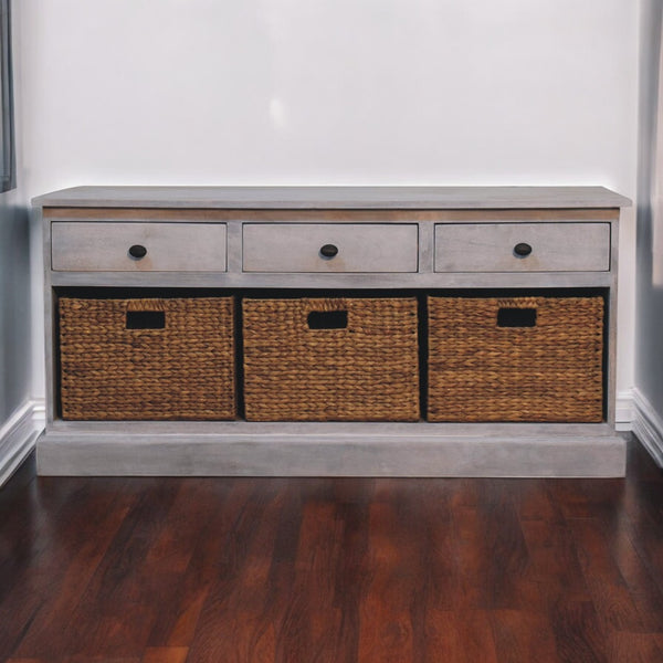 English Elm Acid Wash Mango Wood Storage Cabinet with 3 Drawers & 3 Handwoven Wicker Baskets, 51" L B182P284345