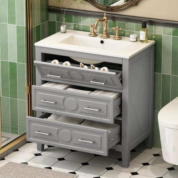 English Elm 30'' Bathroom Vanity with Ceramic Sink, Solid Wood Frame Retro Style Vanity with 3 Drawers & Gold Handles Gray N710P246209E