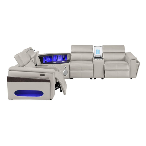English Elm Nova Tech Sectional with Led Bar Bluetooth Speakers Power Recliners and Freezer Console Gray B009S02168