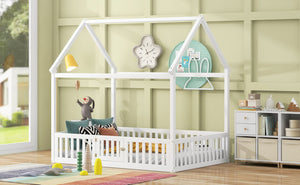 English Elm Full Full Size Wood House Bed with Roof, Fence & Working Door in Washed White Pine — Cozy Play Loft Retreat for Kids (78.1" L x 55.8" W x 77.2" H) WF531502AAK