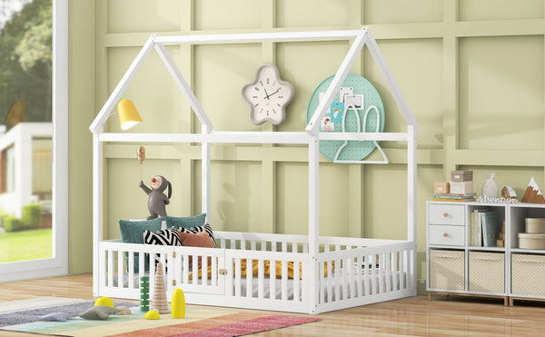 English Elm Full Full Size Wood House Bed with Roof, Fence & Working Door in Washed White Pine — Cozy Play Loft Retreat for Kids (78.1" L x 55.8" W x 77.2" H) WF531502AAK