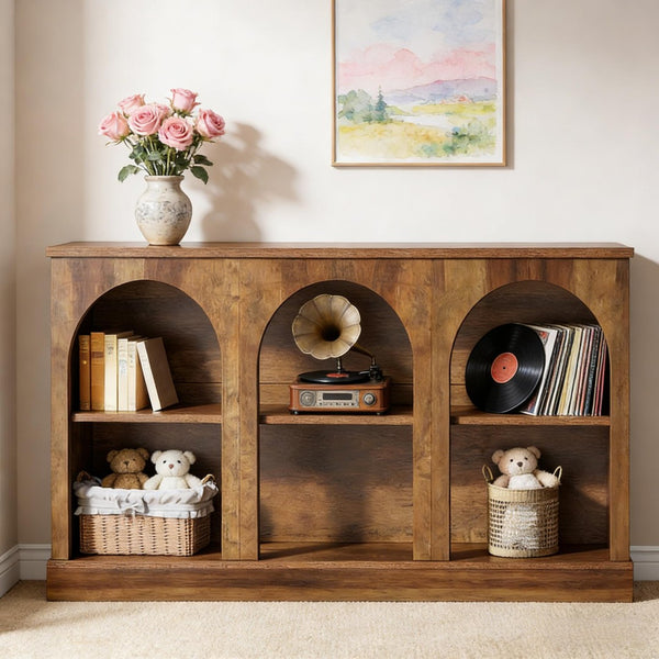 English Elm Practical Geometric Console Table with Matte Black Wood Grain Finish for Entryway or Sofa T3971P451570