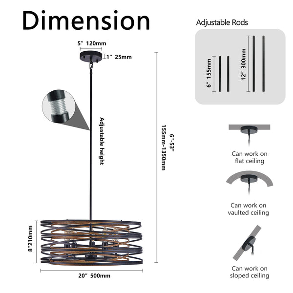 English Elm 20" Rustic Industrial Pendant Light—5-Light Black & Walnut Metal Cage Chandelier with Wood Accents for Kitchen Island and Dining Room W2312P368684