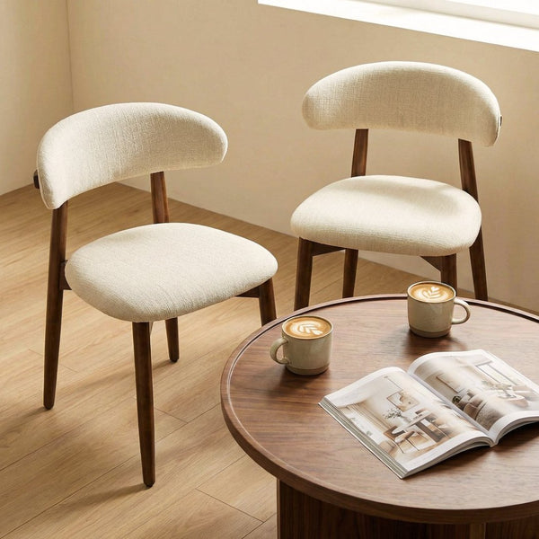 English Elm Wooden Upholstered Dining Chairs Set of 2 Linen Fabric Curved Back Farmhouse Style Beige W3204P456998