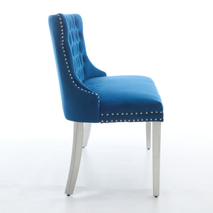 English Elm Velvet Wingback Dining Bench Tufted Two Seat Mid Century Modern Brushed Steel Base Blue W1143P406981