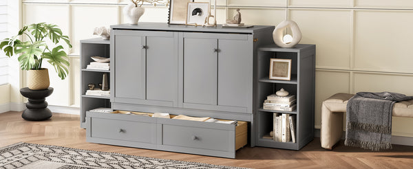 English Elm Full Size Murphy Bed With Stylish Light Gray Finish, Spacious Storage Drawers & Shelves For Versatile Spaces W1580S00252