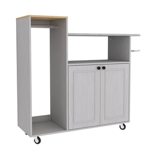 English Elm Ironing Cabinet on Wheels with Pull Out Board Open Shelves and Antique White Finish W1120P330148