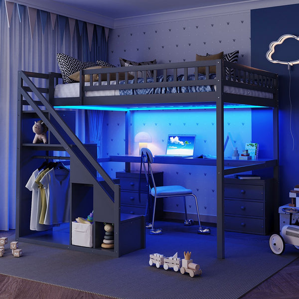 English Elm Full Size Loft Bed with Desk Drawers Led Strip and Staircase for Teen Rooms Gray LT000258AAE-1