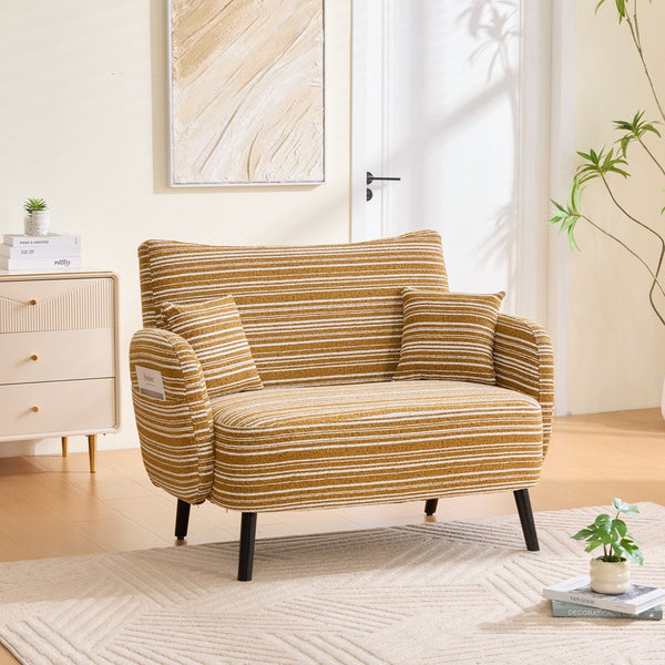 English Elm Modern tufted two-seater sofa with boucle upholstery, tapered legs, storage pockets, cozy compact design Mustard yellow W395P376588