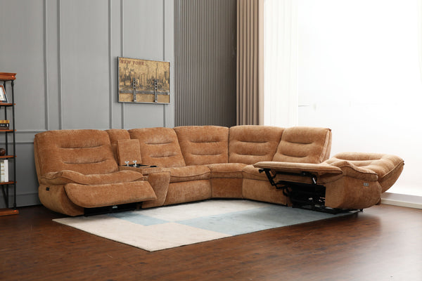 English Elm Emmy Orange Chenille Power Sectional Sofa with Console, USB Type-C/A, Wireless Charge, Zero Gravity Recline B2726S00396