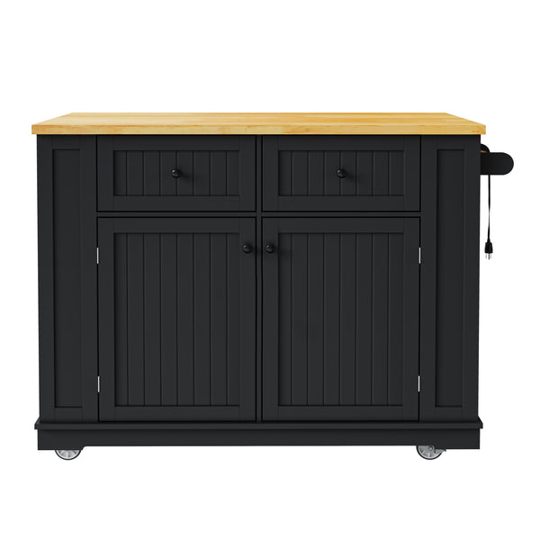 English Elm K&K 48 Inch Kitchen Island Cart with Drop Leaf, Built-In Power Station, Adjustable Shelves & Wheels Black N707P257057B