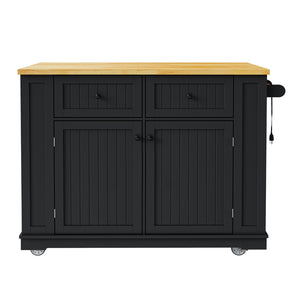 English Elm 48 Inch Rolling Kitchen Island Drop Leaf Prep Cart with Power Outlets and Open Shelving Black N707S257057B