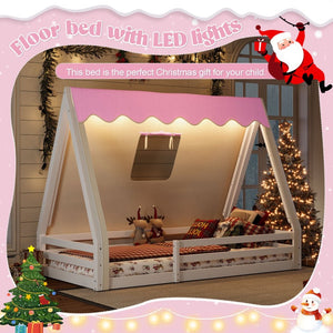 English Elm Twin Montessori Floor Bed Solid Pine Teepee Frame with Guardrails and Canopy Light W1580P369465