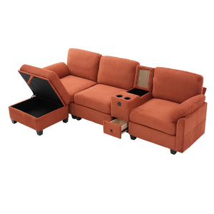 English Elm United Corduroy L-Shaped 4-Seater Sofa With Usb, Cup Holders & Storage Ottoman - Perfect For Apartments! W1568S00225-GIGA