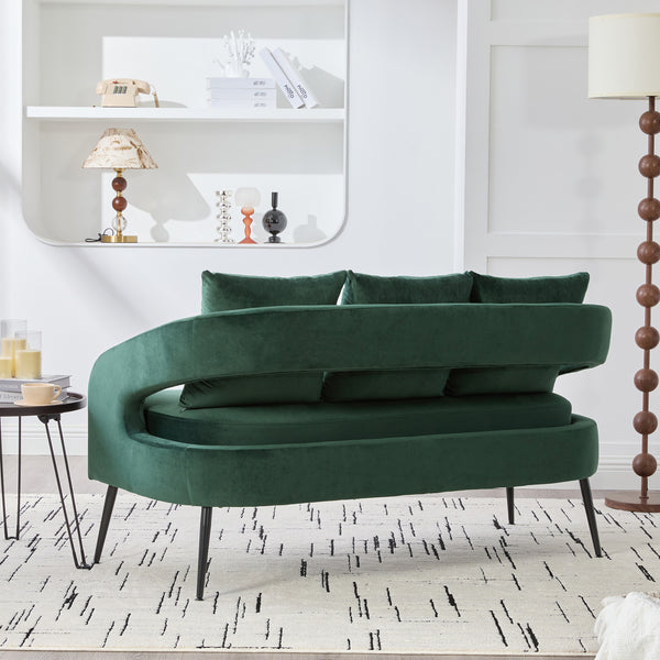 English Elm 53.7"Modern Velvet Loveseat with Open Back and 3 Pillows, Compact 2-Seater Sofa with Metal Legs Green W3118P312818