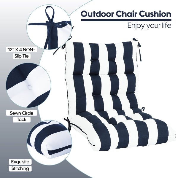 English Elm 2 Piece High Back Patio Chair Cushions Set, Tufted Reversible Outdoor Rocking & Adirondack Pads for Porch Seating Blue Stripe W419P271777