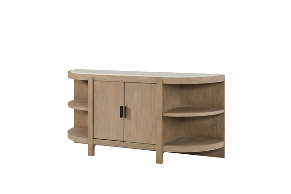 English Elm Curved Taupe+Natural 2-Door Console Table with Marble Top, Toffee Wood Finish, Open Shelves, Storage B2699P323083