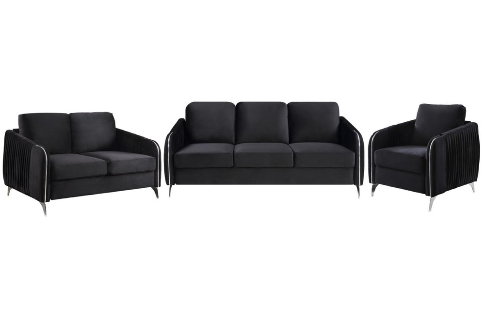 English Elm Hadriano Velvet 3 Piece Living Room Set with Chrome Trim and Channel Quilted Seating Black B2749S00171