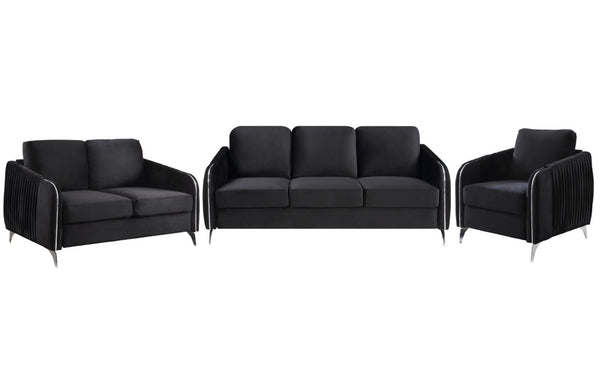 English Elm Hadriano Velvet 3 Piece Living Room Set with Chrome Trim and Channel Quilted Seating Black B2749S00171