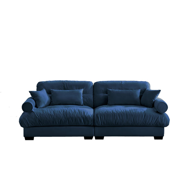 English Elm Large Velvet Two-Seater Sofa with Bolstered Armrests, Cloud-Like Cushions and Waist Pillows for Stylish Comfort and Modern Living Spaces Blue W714S00879