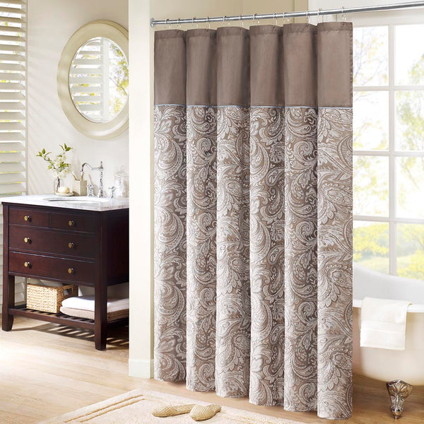 JLA Home Madison Park - Jacquard shower curtain with woven paisley texture, contrast top stripe, durable machine-washable style Blue/Brown MP70-224