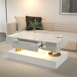 English Elm 16.93IN LED Coffee Table with Remote RGB Lighting, Spacious Drawer, Melamine Finish, Modern Elegance White,White Marble W331P269983
