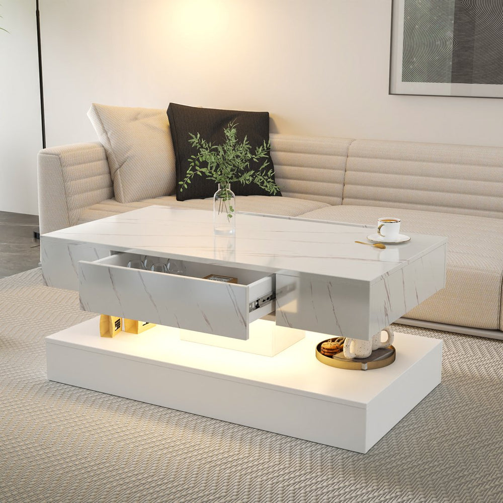 English Elm 16.93IN LED Coffee Table with Remote RGB Lighting, Spacious Drawer Storage, Modern Durable Design White,White Marble W331P269983